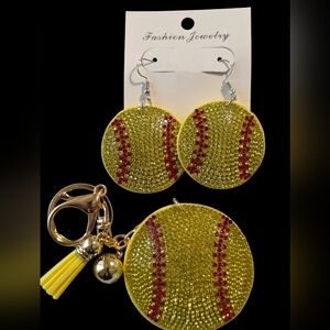 Softball Rhinestone Earrings & Keychain Set – Sparkly Bag Charm + Jewelry
